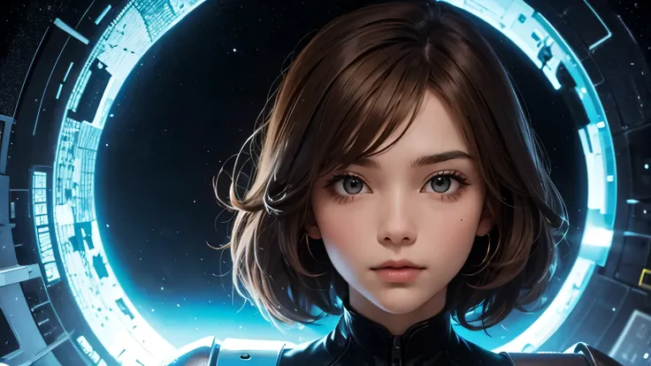 A beautiful woman. Light brown hair. she is sixteen years old. She is wearing a high . She is looking at the camera with a serious expression. An image of the eleventh dimensional world appears in the space behind her.