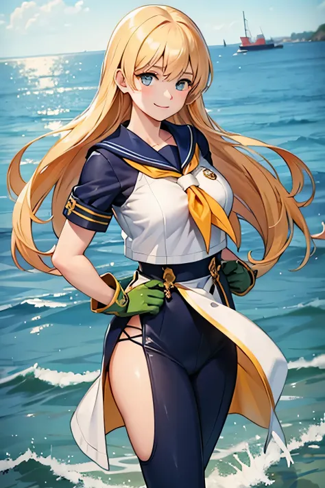 sailor, yellow hair, green eyes, navy clothing, gloves on both hands, serious smile, well-detailed body, background sea