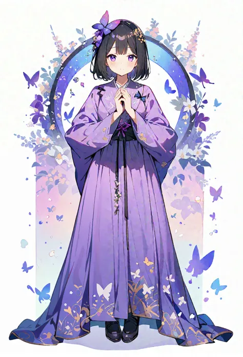 1 sister, Solitary, looking at the audience, Blushed, background, black hair color, Hair accessories, Long sleeve, White background, eternal, Full body female, Flowers in bloom, purple, Flowering, OK, Butterfly, masterpiece, Recent quality, The best detail...