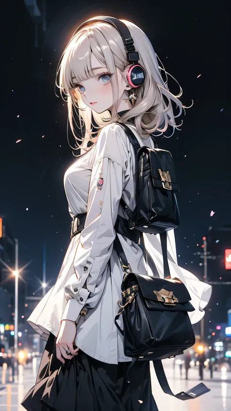 Anime girl with headphones and backpack looking at cell phone, Anime Style 4 k, (Very delicate and beautiful face), (Beautiful eyes in every detail), Digital anime art, Nightcore, Digital anime illustration, Anime Styled digital art, anime art wallpaper 4k...