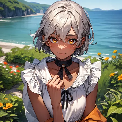 masterpiece, Highest quality, Perfect Face, Highest Resolution, Highest quality,Detailed depiction of the eyes, 8k, 1 girl, young, dark tan skin, slate gray hair, short hair, upturned eyes, Yellow Orange eyes, ribbon choker, Seaside house, relax and enjoy,...