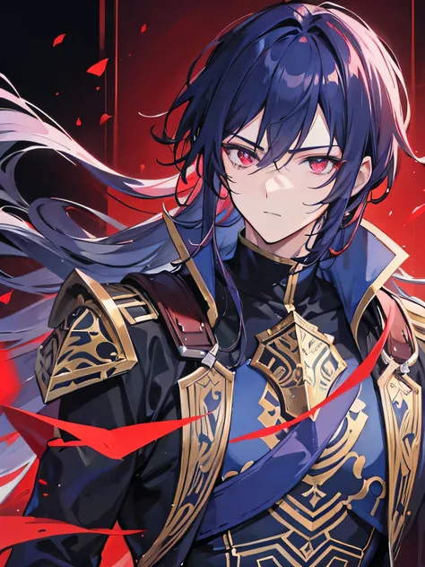 A handsome man, Paladin, red crimson eyes color, dark blue hair color, 27-year-old