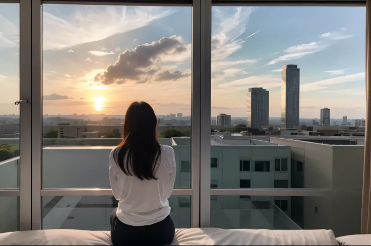 A beautiful mature woman looking at the sunset in Tech Town from the window of a high-rise apartment、