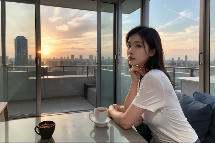 A beautiful mature woman looking at the sunset in Tech Town from the window of a high-rise apartment、