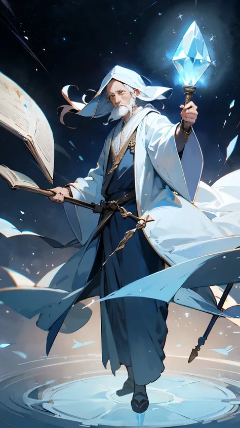 "Wise elderly wizard in flowing robes, surrounded by floating books and glowing magical symbols. Holding a staff with a crystal orb. Starry background."