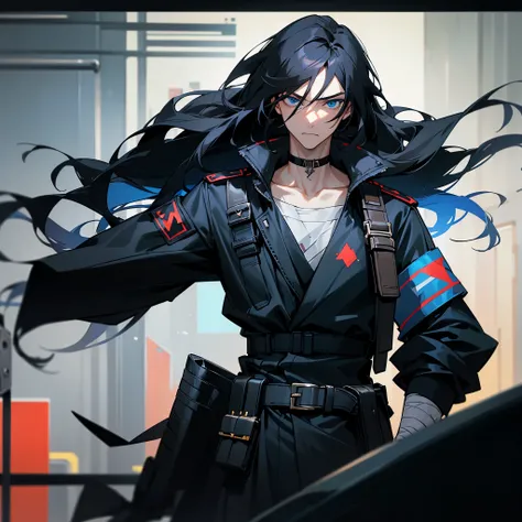 black hair, long hair, straight hair, male, man, blue eyes, tall, wiry, jacket, choker, armband, long boots, belt, waist pouch, with a black bandage, delicate facial features, toned, cyberpunk, inside, in the subway, determined, half body photo, upper body...