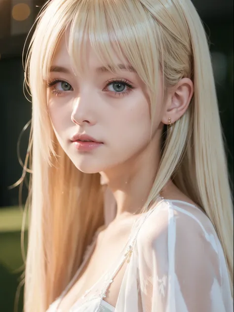 Bright platinum blonde hair with dazzling gold shine、dazzling golden bangs、very long straight hair、pale green eyes、Transparent white and wet pajamas、European youth、perfect body、perfectly beautiful face、bright makeup、thin pink lips、Girl in the shower、1 woma...