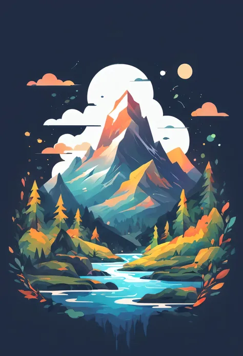 t-shirt design, impressive painting of a mountain with trees and water, a detailed painting by petros afshar, shutterstock conte...