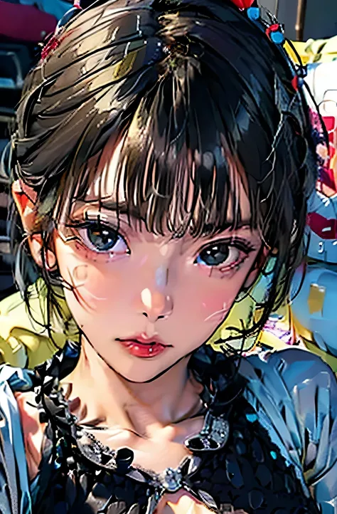 (Highest quality,Super detailed,High resolution:1.2),beautiful woman with perfect face,very_Long eyelashes, Detailed lips, Cool look, Soft Skin, Shiny Hair,Exquisite makeup,Heavy bangs，Dilated grey eyes，Black short hair, Wearing a black silk shirt，He is hu...