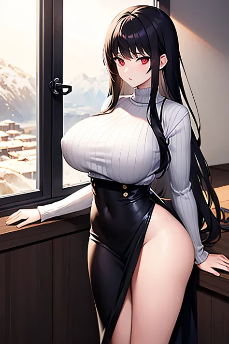 anime characters,white skin,As tall as a mountain,Long legs,very big breasts,teenager,sexy,Slender legs,black hair,red eyes,gray sweater set,By the window,look out the window,