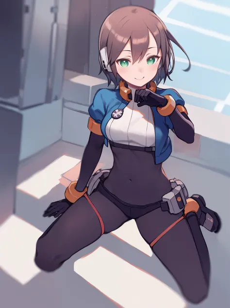 aile_megamanzx, kneeling with one hand on the ground and the other arm raised, 1girl, solo, short hair, brown hair, short sleeve...