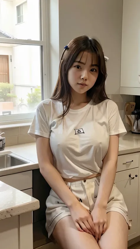 cute Japanese girl, 18 years old, with a cute face, sitting in a white T-shirt without inscriptions, you can see her beautiful breasts, nipples in the T-shirt, nipples standing, against the background of the kitchen, crooked hair