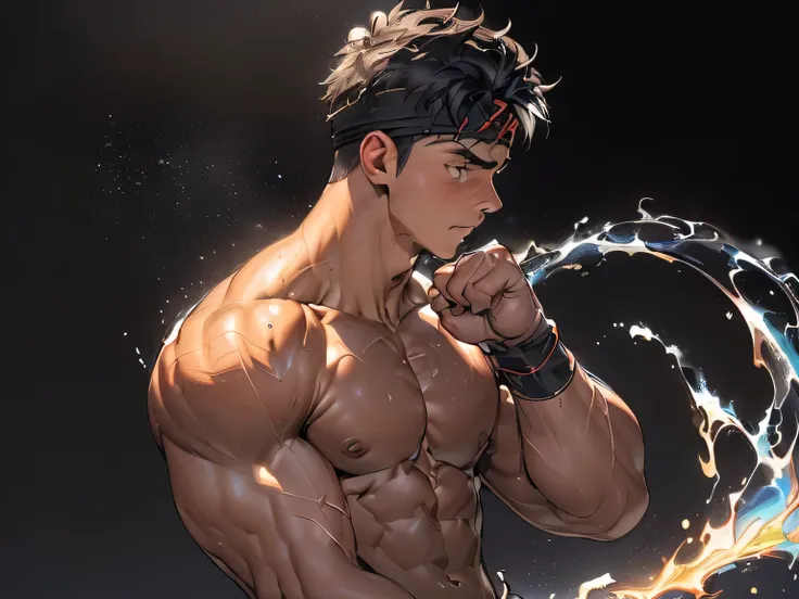 ((masterpiece, best quality)), (((((black background, deep night, male focus, upper body, side shot:1.4))))), ((((1boy, 19 year old boy, worm eyes, Young boy, muscler, Shirtless, topless, flesh, tough, reliable)))), (black Short straight hair, ((almost com...