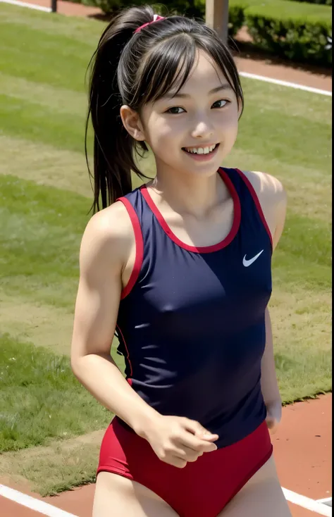 (Highest quality, masterpiece), (Beautiful 11 year old Japanese girl), (freckles:0.6), ponytail, smile, garden, Track and field athlete