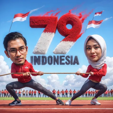 4D Realist Caricature, a 32 year old native Indonesian man with neat short hair, and a beautiful Indonesian woman wearing a hijab, wearing sportswear, in a tug of war competition, in the sky there is the writing "79th Indonesia" made of red and white smoke...