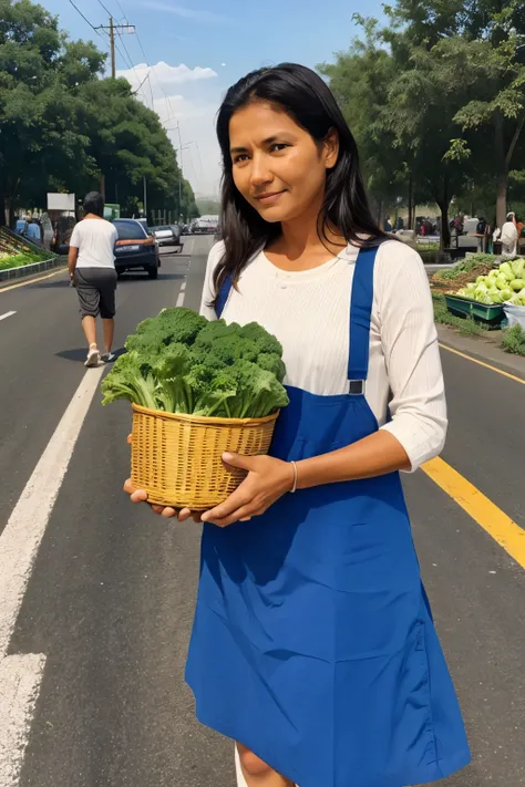 A mother is selling vegetables on the road and people are looking at her