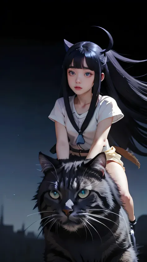 highschool girl riding a giant cat, whimsical, colorful, anime style, highly detailed, vibrant lighting, cinematic, character de...