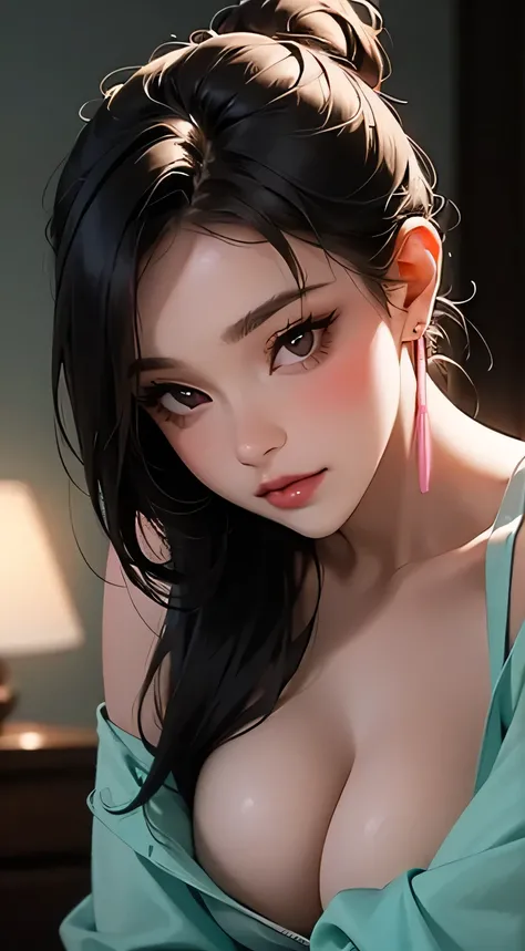 Amazing portrait of a sexy woman with a beautiful face with lustful eyes gazing seductively and parted pink lips smiling as she blushes deeply with her black hair in a bun wearing a green satin shirt that is partially unbuttoned and falling off her shoulde...