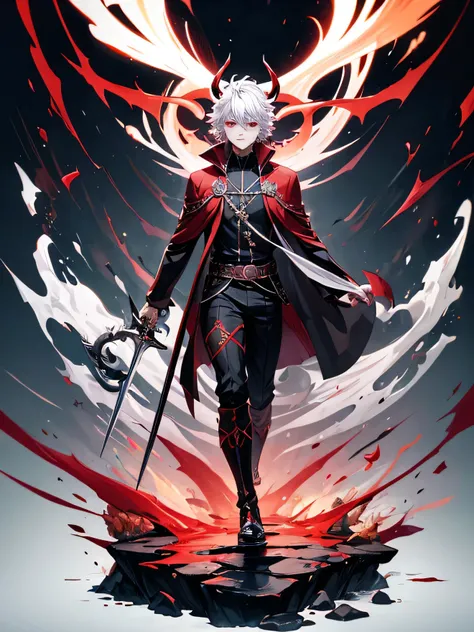 from the front, a man with short white hair, his eyes were red, dressed in a black robe with a red combination, black pants and red and black combination shoes, holding a white sword with a hint of blood splashed on it and beside him was a figure of a red ...