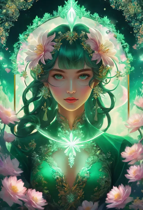 (masterpiece, Highest quality, Highest quality, Official Art, beautifully、aesthetic:1.2), (One girl:1.3), (Fractal Art:1.3), card, Tarot, Jade Hair, Twin Blade, Hair Flower, (Good lighting:1.1), ((High resolution)), Tarot card style