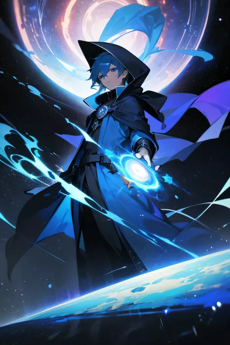 A young man with blue hair and blue eyes, wearing a blue hooded robe, deploying a huge black magic circle, background: distortion of space-time, asteroid belt, supernova explosion in hand