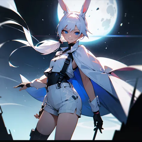 White rabbit ears, White animal ears, a girl, female, woman, front short, long low ponytail tied back, White hair, blue eyes, slender, cool smile, short pants, Solo, suspender, shirt, High heel, black globe, black, belt, waist pouch, half spats, cape, cybe...