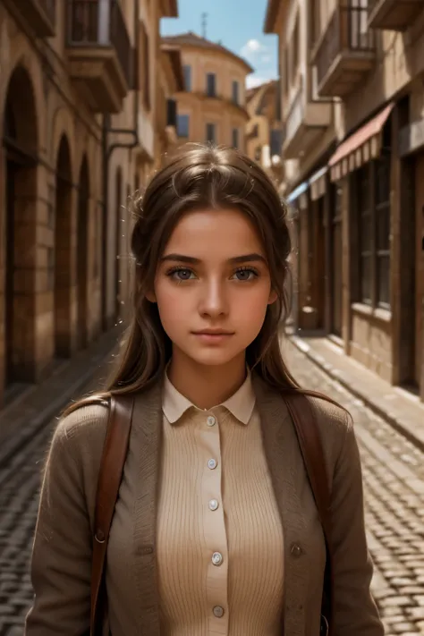 a girl, 18 years old, walking down a street in a southern european city, beautiful detailed eyes, beautiful detailed lips, extremely detailed eyes and face, long eyelashes, detailed clothing, detailed architecture, cobblestone street, sunlight, warm color ...