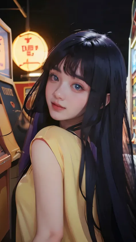 cute girl with colorful hair smiling joyfully in an arcade, vibrant lights and retro games, playful atmosphere, hyperrealistic d...