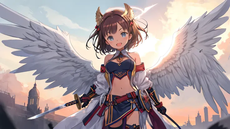 fantasy, 1angel_girl, low_teen, dark_brown_hair,long_bangs, (dark_skin)+, bare_shoulder, navel out, thighhighs,silver_shiny_armor, white_clothes,waist_armor, Glebe, hold_swords_emits_light, medium_breasts, dynamic_flying_pose,Floating, (1pair_white_wings:1...