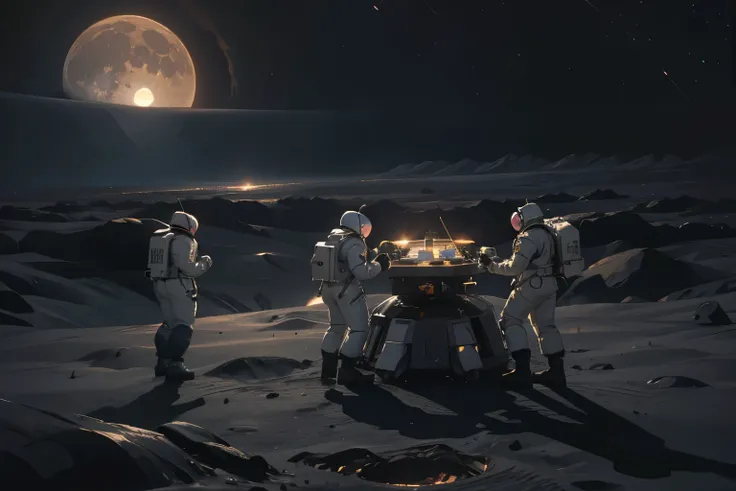 Image size 2:3,5. Lunar surface. Three people in spacesuits are working in the center of the frame to create a robot assistant. dark sky, multistars