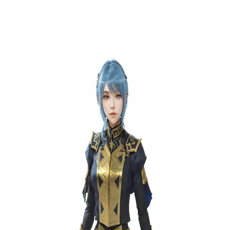 a young woman with blue hair and dark eyes, dressed in gold and black standing in front of a black background, Fire Emblem Three Houses, Griffith, portrait, Knights of the Zodiac, , blue short hair woman, rena noun style 3/4, Rimuru Tempest&#39;s profile p...