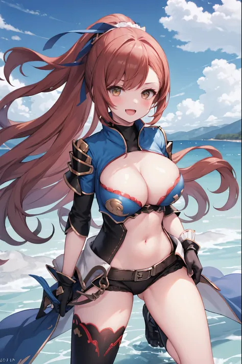 masterpiece, best quality, 1teen_girl,def,beatrix, ponytail, hair ribbon, gauntlets, blue shirt, gloves, cleavage cutout, looking at viewer, big_smile, large breasts, sky_landscape_background ,,happy,covered_nipples,young_teen,full_of_beans,,laugh,blush,op...