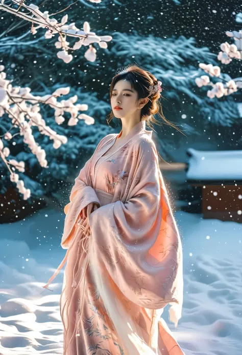 a woman in a pink kimono standing in the snow, a picture, inspired by ma yuanyu, tumblr, background image, wearing long gown, 72...