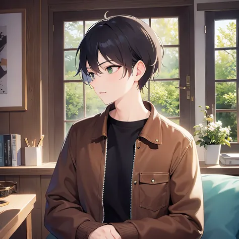 (looking away:1.5),masterpiece、Highest quality、Are standing、closed up,
BREAK (25-year-old male:1.5) and (Mahogany brown short hair) and (Green Eyes)BREAK,
Black long sleeve shirt、
Serious,open mouth,The background is the living room、(alone:1.5)