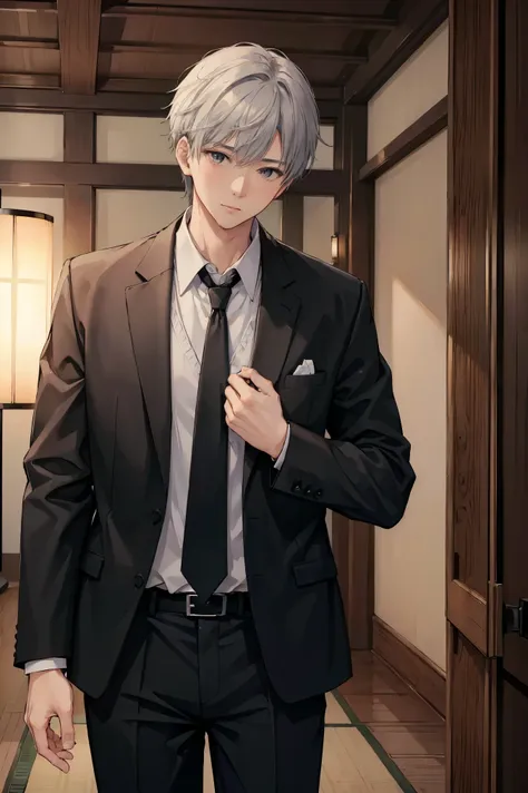 (((masterpiece、high resolution、high quality)))Japanese men、65 years old、Gray Hair、Getting older、Black Suit、White shirt、Inside the Hotel