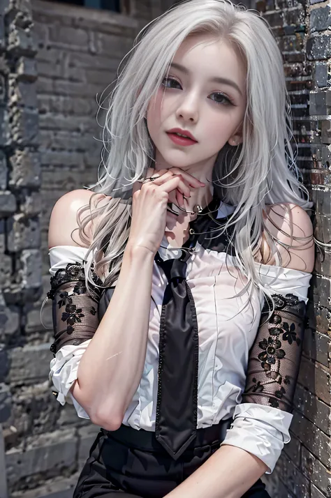 Girl portrait photography, Realistic, High resolution, 1 female, alone, Upper Body, Beautiful Eyes, Close your lips, Detailed face, Gray Hair, Long Hair,Off-the-shoulder white shirt, Black tie,Black Skirt, Pencil Skirt, stockings,(Black lace panties are vi...