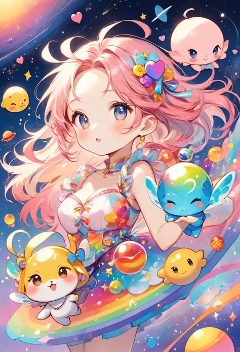 Mika Pikazo colorfull style, Simple Line Initialism，Abstract art，(((The most beautiful girl of all time))), (((chibi))), Sweet face. colorful hearts, funny design, (((bosom buddy ))), (((Cute Aliens))), The background is space