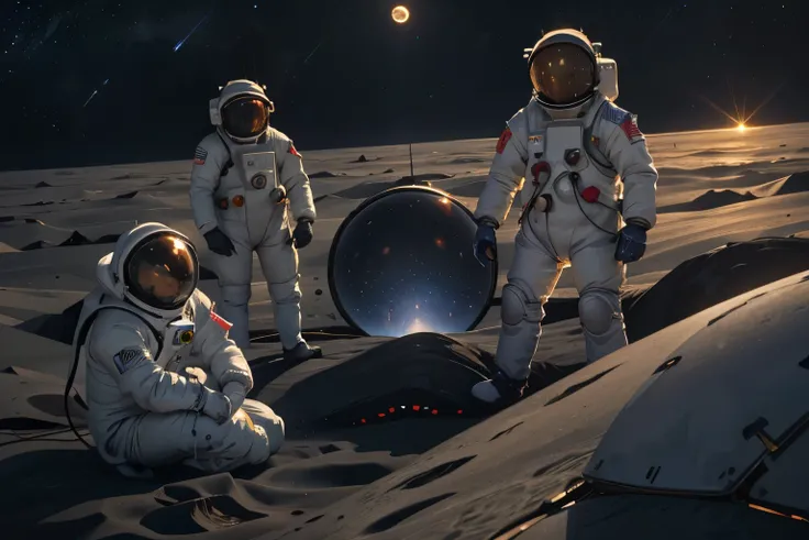 Image size 2:3,5. Lunar surface. Three (!) people in spacesuits are working in the center of the frame to create a robot assistant. Faces are not visible behind the glasses of spacesuits(!). The glasses of the spacesuits are mirrored, reflect the appearanc...