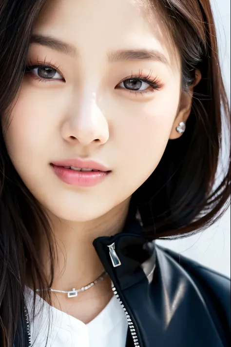 a close up of a woman with a black jacket and a white shirt, blackpink jennie, wan adorable korean face, gongbi, heonhwa choe, portrait of jossi of blackpink, park ji-min, young adorable korean face, roseanne park of blackpink, portrait jisoo blackpink, po...