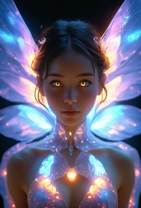 beautiful alien woman emerging from a cocoon, detailed beautiful face like cute girl and body, from back, (glowing eyes, glowing skin:1.5), intricate organic details, translucent wings, symmetrical face, ethereal lighting, cinematic, vibrant colors, digita...