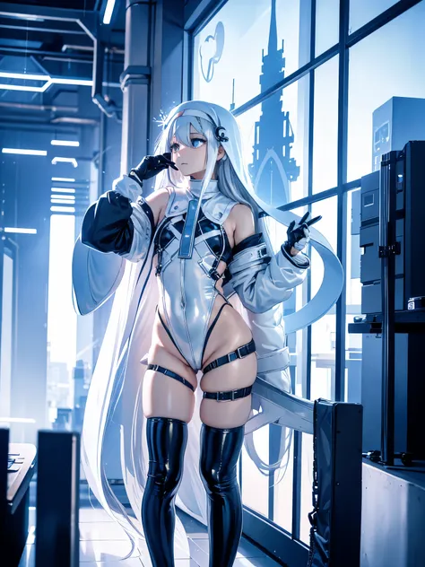 best quality. 4k. 8k. a cute girl. silver hair. long hair. nun. magical girl. (white clothes). (white leotard). cyberpunk. urban...