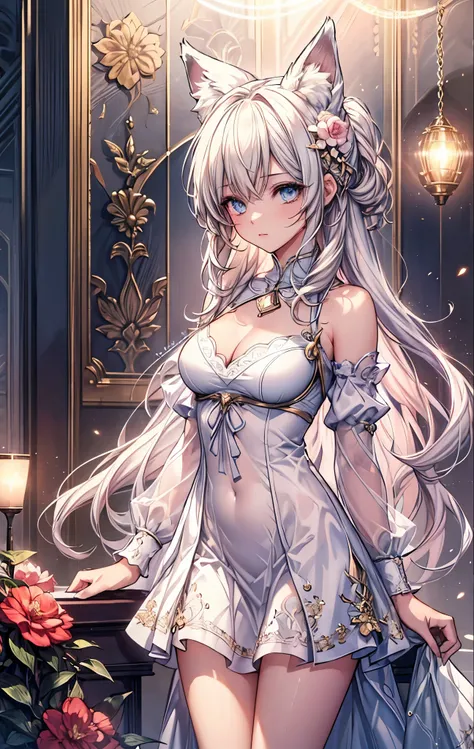 {{masterpiece}}，Highest quality，Highly detailed CG Unity 8K wallpapers，One Woman，Cinema Lighting，Lens Flare Glow,
Perfect Style, Perfect body, Clear, beautiful eyes, Long eyelashes, lots of camellias, Fox Ears,　A dress with a wide open chest、mini skirt