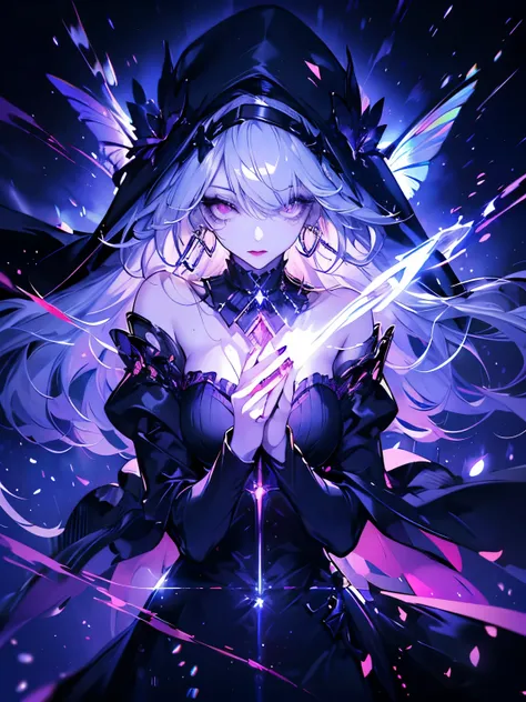 (((Very detailed, 8K quality))),,Hair above one eye, Red eyes, Clear Eyes, choker,Dark atmosphere,Nuns,Silver Hair,Long Hair,Red butterflies flutter,Red Moon,night,Dark Clouds,Vampire Hunter,nails are red,View from the front ,Anime Style, Movie Portrait Ph...