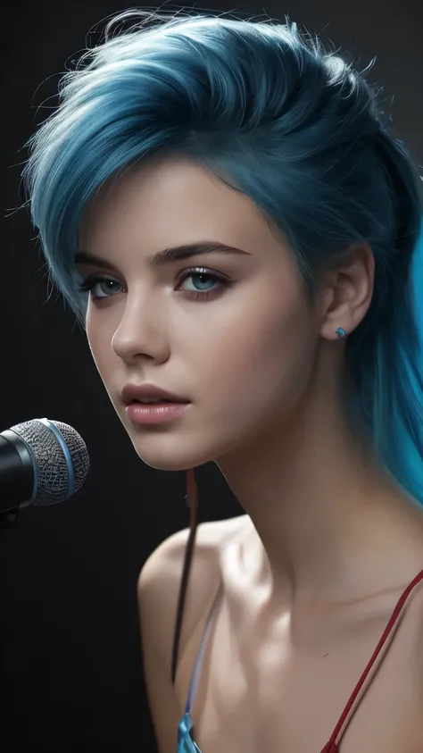 elegant, (((singer with a microphone))), ((music studio backdrop)), (feminine), singing, (((blue hair))), (((side cut, undercut))), ((alluring facial expression)), ((exquisitely detailed facial features)), ((perfect eyes)), extremely detailed painting, int...
