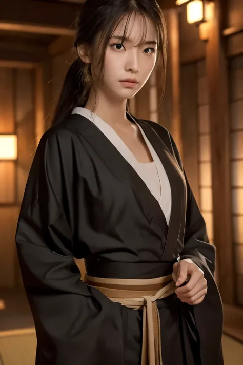 Japanese "Rōnin", simple and sober grey clothing, tanding posture, holding a KATANA sword, ready to fight someone, blending into the darkness, long black hair, hair tied back, not wearing any ornaments, hair is shaggy and dishevelled, beautiful white-color...