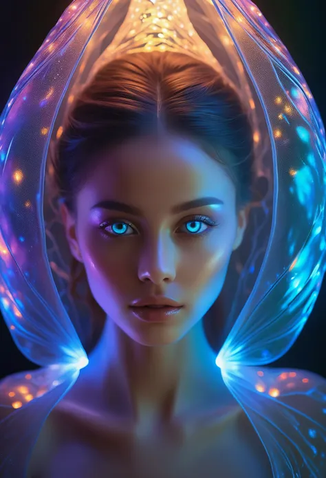 1 beautiful female alien girl emerging from a cocoon, detailed beautiful face like cute girl and body, from back, (glowing eyes,...