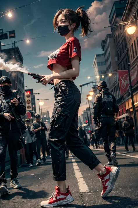 ((best quality)), ((masterpiece)), (detailed), 1girl, wearing mask, t-shirts and black cargopants, sneakers, she is runing holding a smoke granade(so many red smokes)and a black flag in the right hand at the newyork city, full body(low angle), she got ligh...