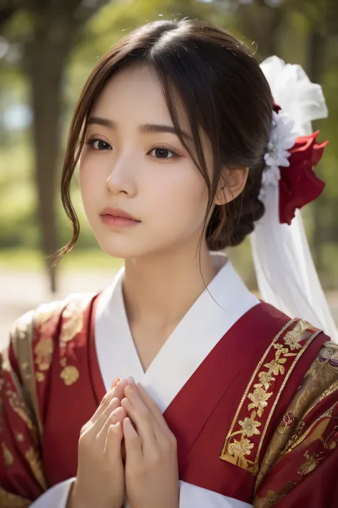 the sunlight is shining, Japanese "MIKO"-like costume colored by white and red, glamorous costume, divine, praying  like a soothsayer, long black hair, not wearing any ornaments, hair is not dishevelled, beautiful white-colored translucent skin, a little s...