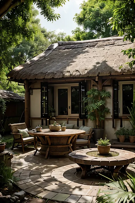 A thatched cottage in the middle of green trees, surrounded by pots and tables made in the style of bamboo, in an outdoor area with a brick floor tile. The walls feature mud plastering and window frames crafted using tree trunks. It has natural light comin...