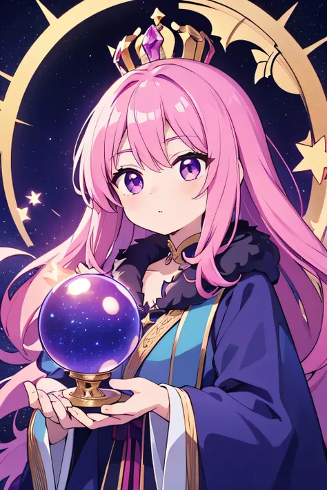 godIn a mysterious atmosphere、god々A young fortune teller gazing into a crystal ball。The fortune teller wears a long robe、He wears a decorative crown on his head.。The background features a starry sky and magical symbols.。